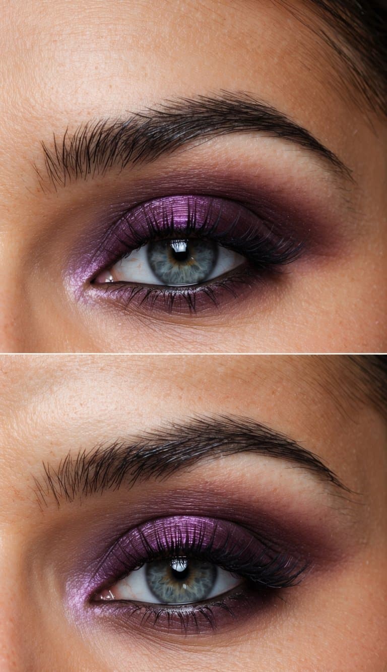 A close-up of elegant eye makeup in shades of mystic plum and burgundy, with a sophisticated and long-lasting finish