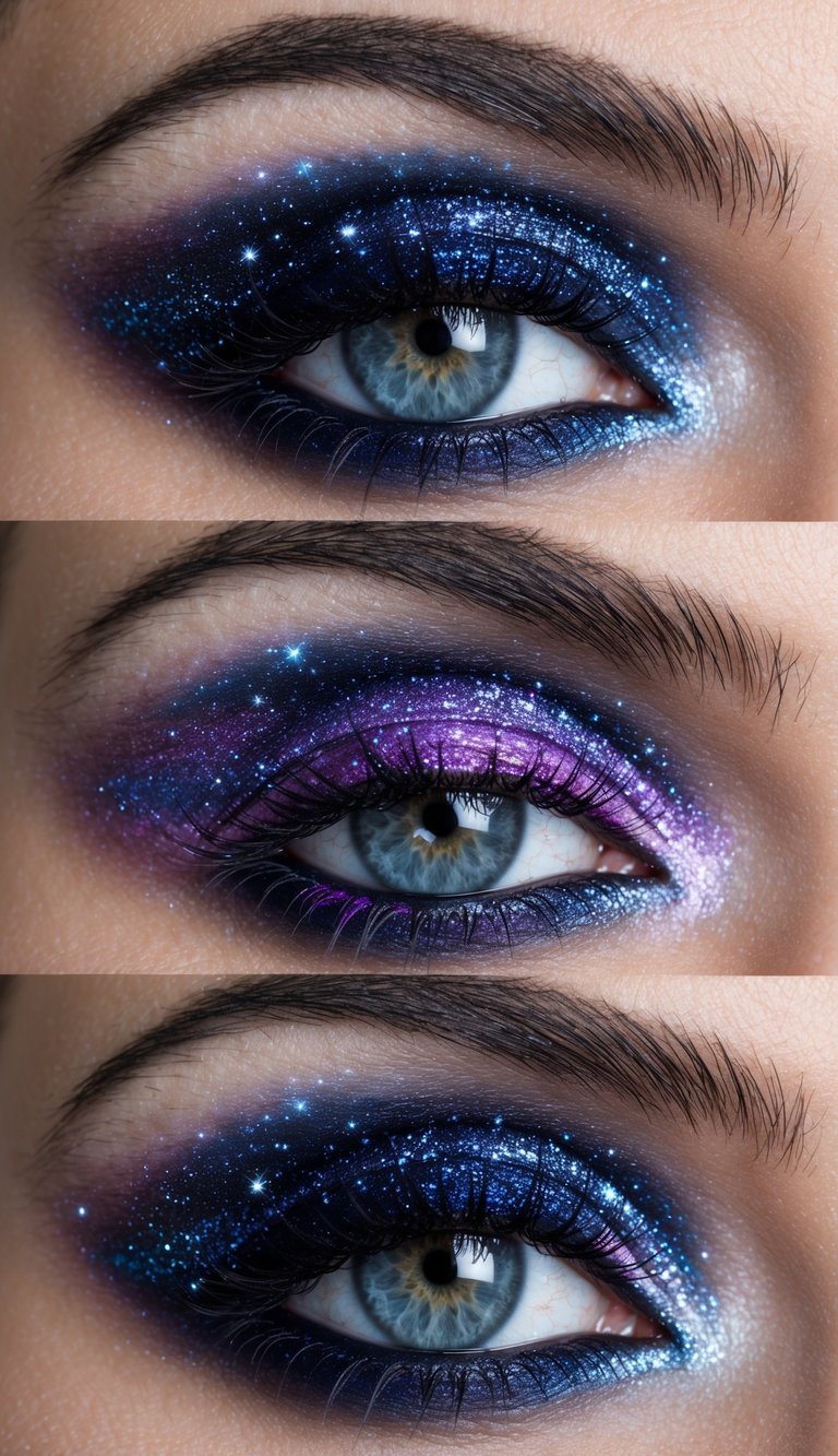 A swirling galaxy of deep purples, blues, and pinks, with shimmering stars and cosmic dust creating a celestial eye makeup design