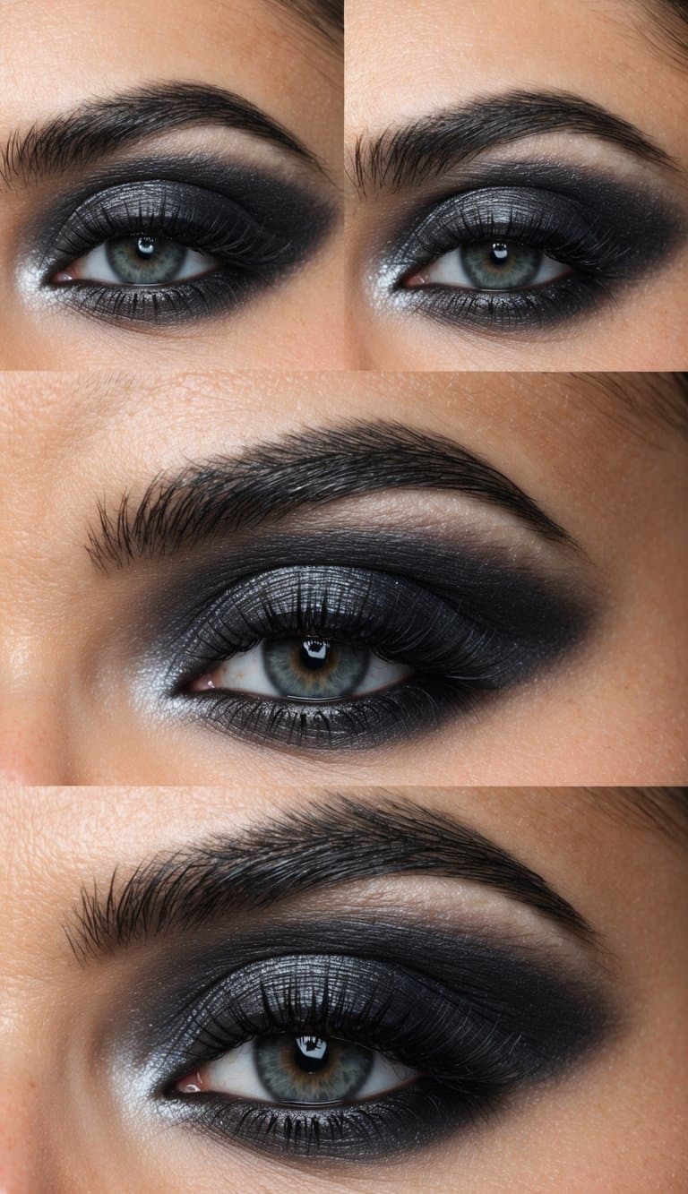 A smoky charcoal and silver eye makeup look with a sophisticated and long-lasting finish