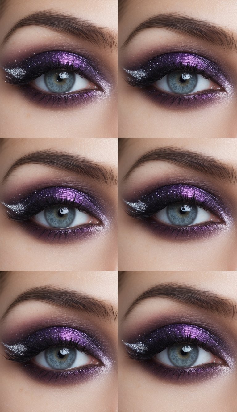 A swirling galaxy of deep purple and shimmering mauve eyeshadow, with flicks of meteorite-inspired silver and sparkling cosmic accents