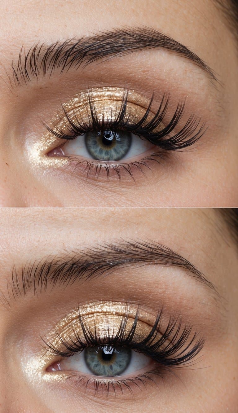 Soft pink and gold shimmering eye makeup on a bride's closed eyelids, with long lashes and a hint of sparkle