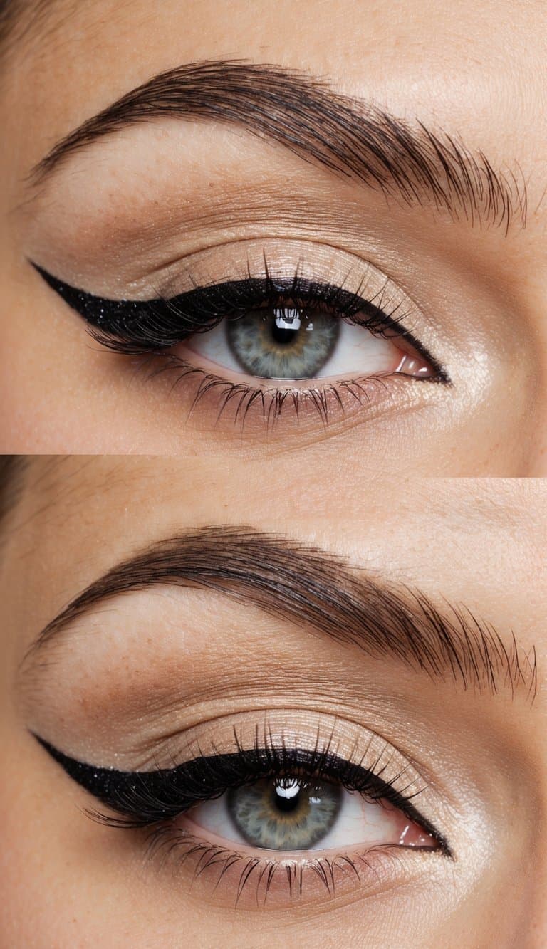 Soft neutral eyeshadows blended with a classic winged liner, accented with delicate shimmer