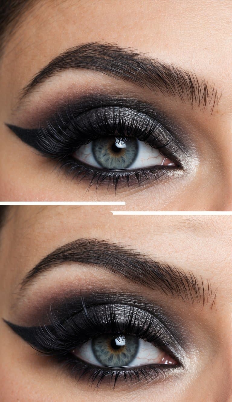 A close-up of a pair of eyes with dramatic smoky eye makeup, framed by long lashes and a hint of shimmer, evoking a sense of romance and elegance