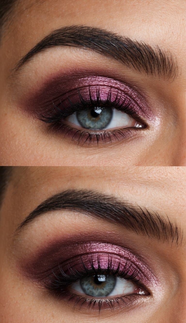 A close-up of a sultry burgundy eye makeup look with soft, neutral tones and a touch of shimmer