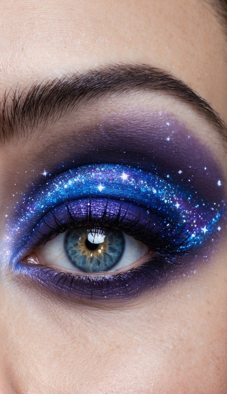 A swirling galaxy of purples and blues, with twinkling stars and cosmic dust creating a celestial eye makeup design
