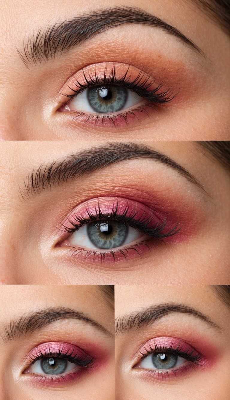Soft peach and pink eyeshadows blended seamlessly, creating a romantic and timeless wedding eye makeup look