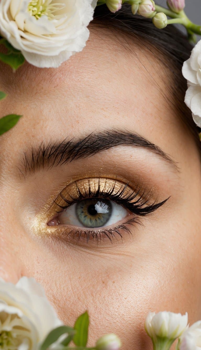 A bride's eye with soft, golden eyeshadow, long lashes, and a subtle winged eyeliner, surrounded by delicate floral accents