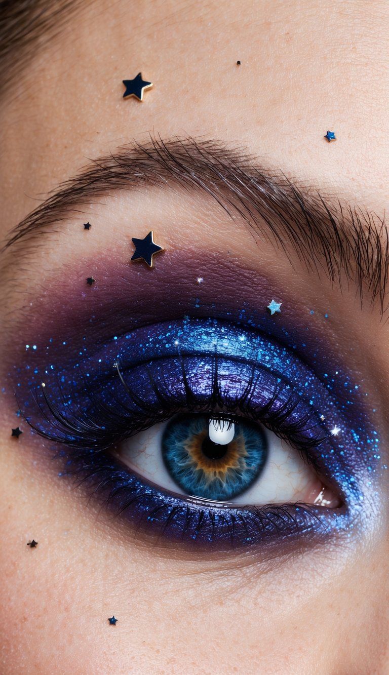 A swirling galaxy of deep purples and shimmering blues, with twinkling stars scattered throughout