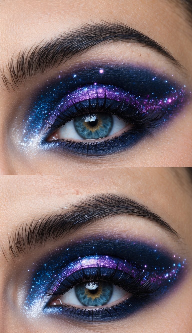 A cosmic galaxy swirls across a starlit night sky. Deep purples and blues blend with sparkling stars