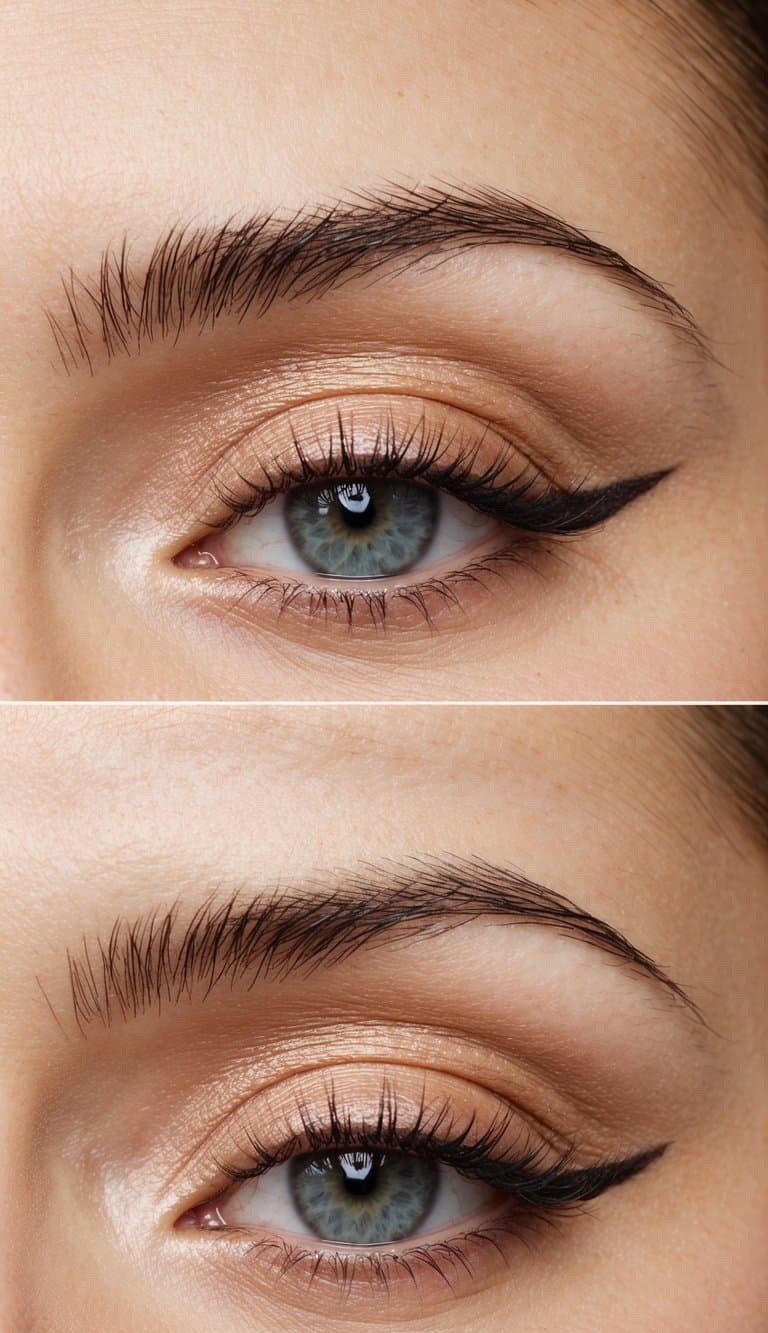 A close-up of an eye with soft peach-toned eyeshadow and subtle eyeliner, creating a natural and effortless look