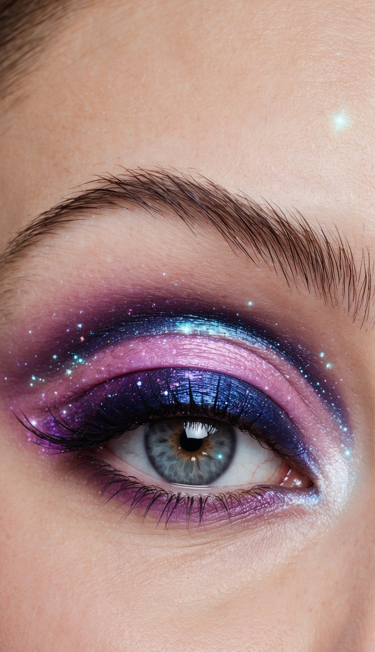 A swirling galaxy of pastel pink and deep purple, cosmic and celestial, with shimmering stars and nebulae