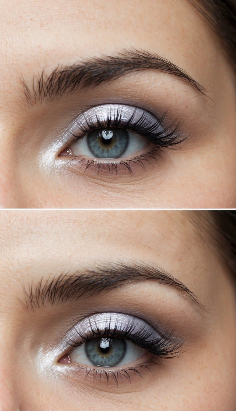 Soft, delicate silver eyeshadow applied to a bride's eyelids, creating a romantic and timeless wedding look