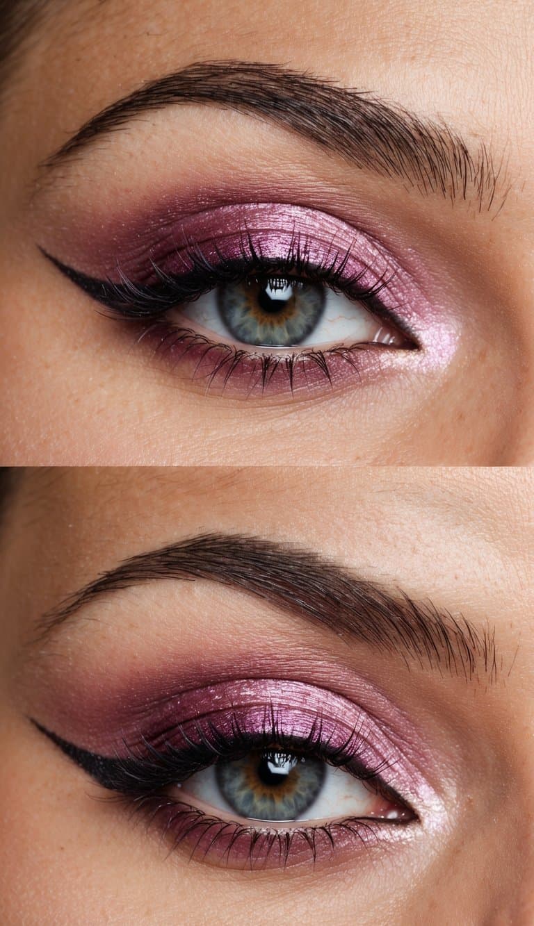 Soft pink and plum eyeshadow blending seamlessly, accented with shimmering highlights and delicate eyeliner