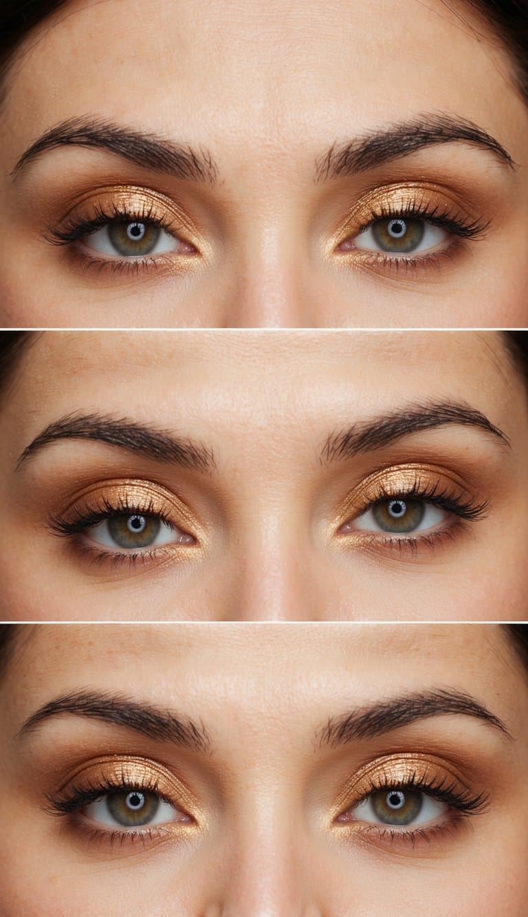 Soft, amber-hued eyeshadow applied to a bride's eyelids, with a subtle shimmer catching the light
