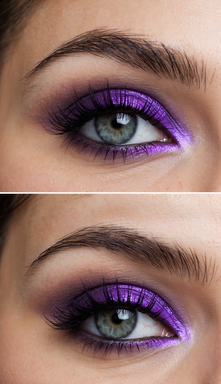 A bride's closed eyes with electric purple eyeshadow, framed by long lashes and soft neutral tones, exuding romance and elegance
