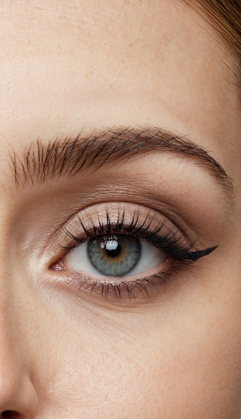 A close-up of an eye with soft taupe eyeshadow and subtle eyeliner, creating a natural and effortlessly beautiful look