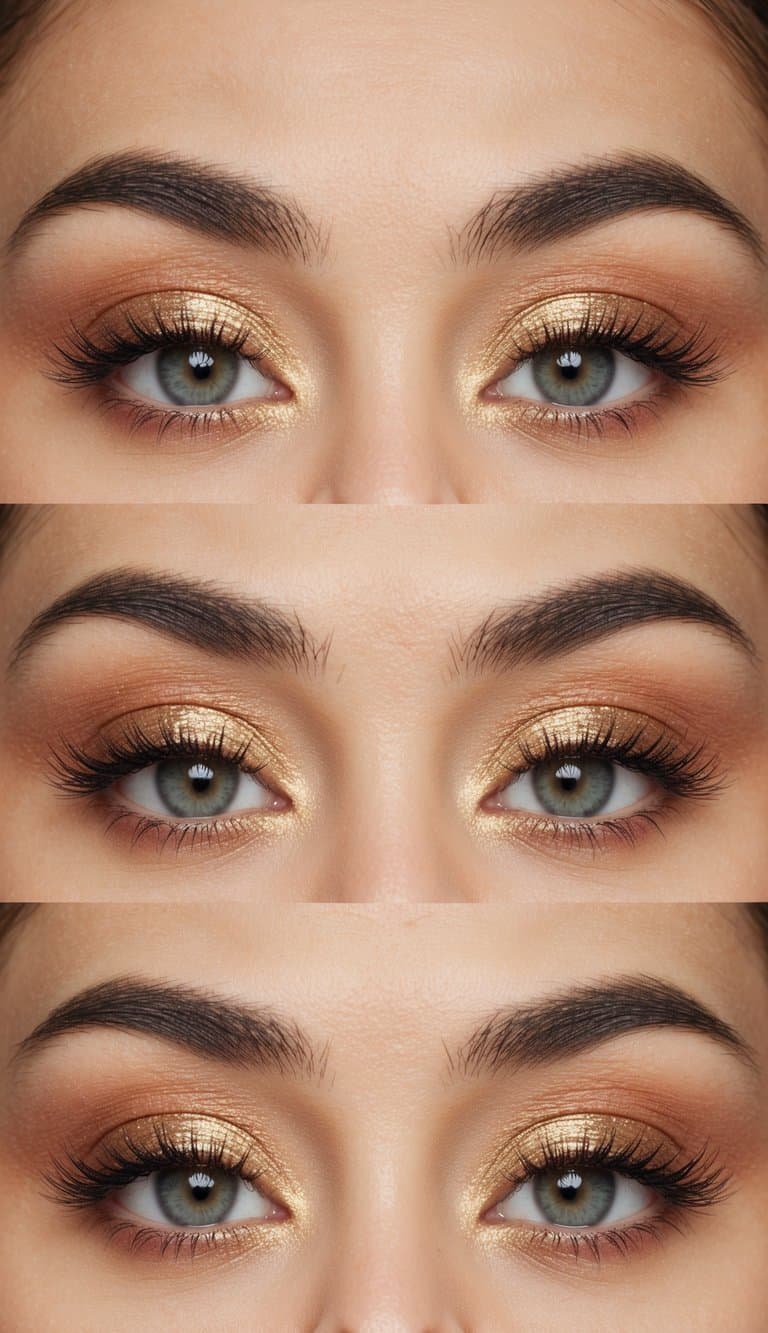 Soft coral eyeshadow blending with shimmery gold, accented by delicate eyeliner and long lashes