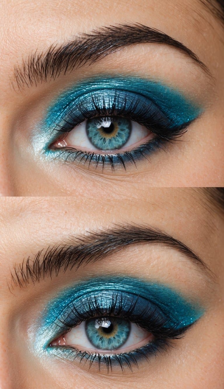 A close-up of an eye with ocean-inspired makeup in shimmering blues and iridescent shades