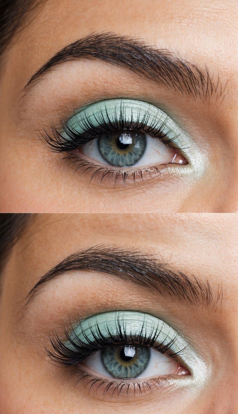 A bride's eye with soft minty eyeshadow, delicate lashes, and a hint of shimmer