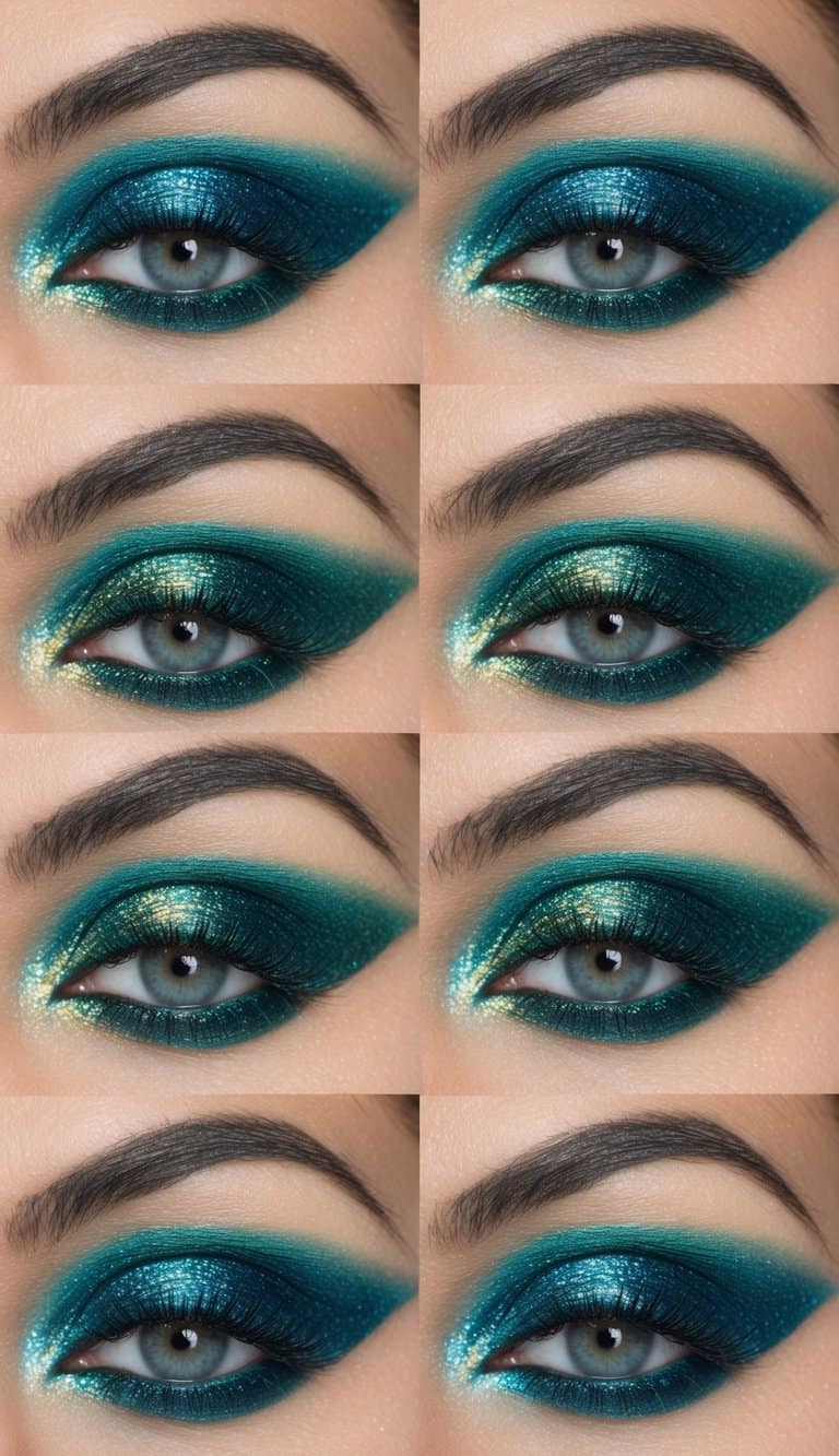 Ocean-inspired eye makeup with shimmering blues and iridescent greens, resembling mermaid scales