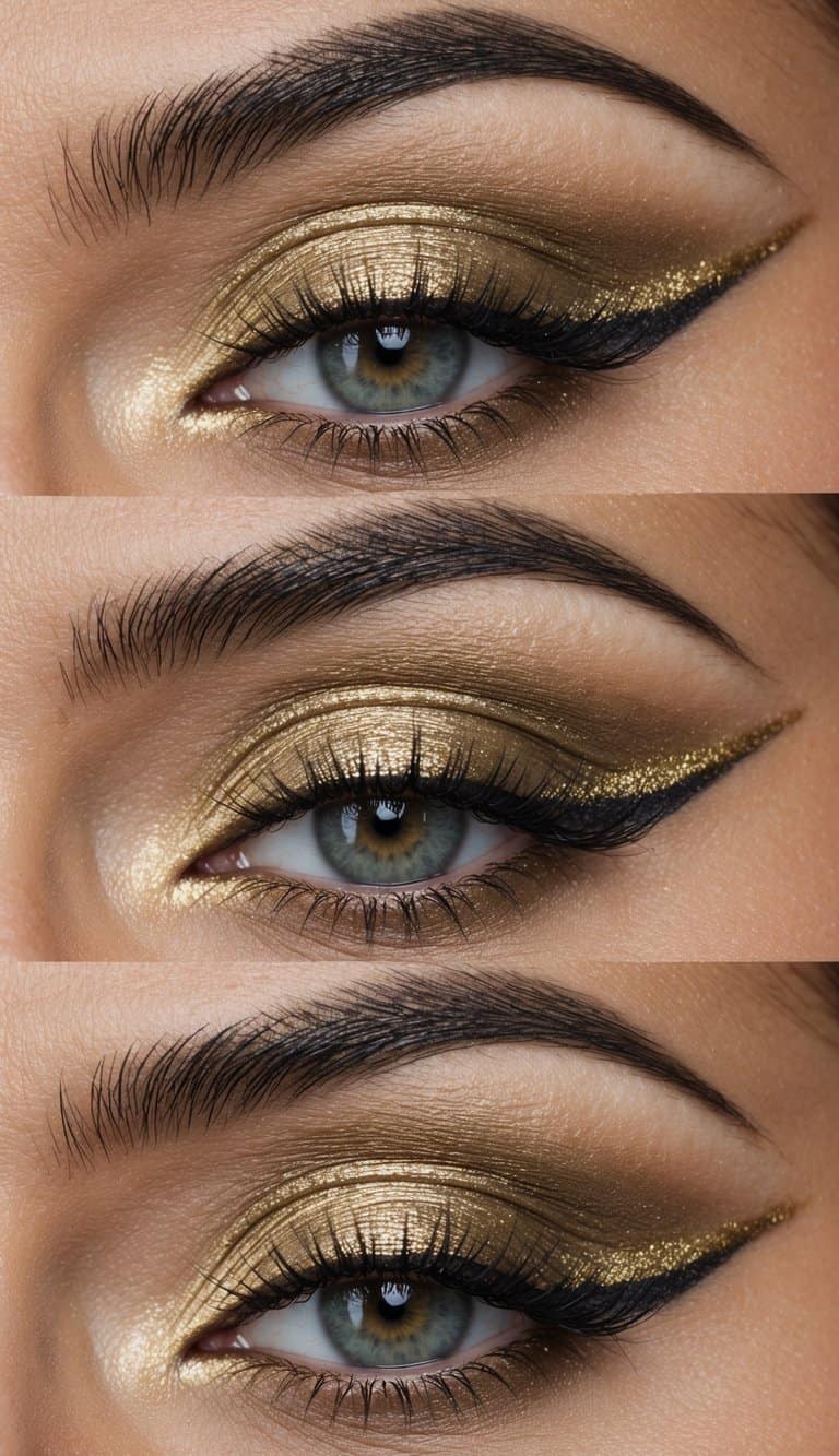 Soft, olive-toned eyeshadow applied with precision, complemented by shimmering gold accents and defined with a subtle winged eyeliner