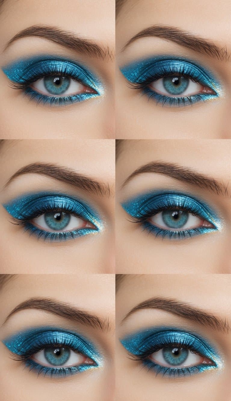 Shimmering blue and iridescent ocean-inspired eye makeup on a blank canvas