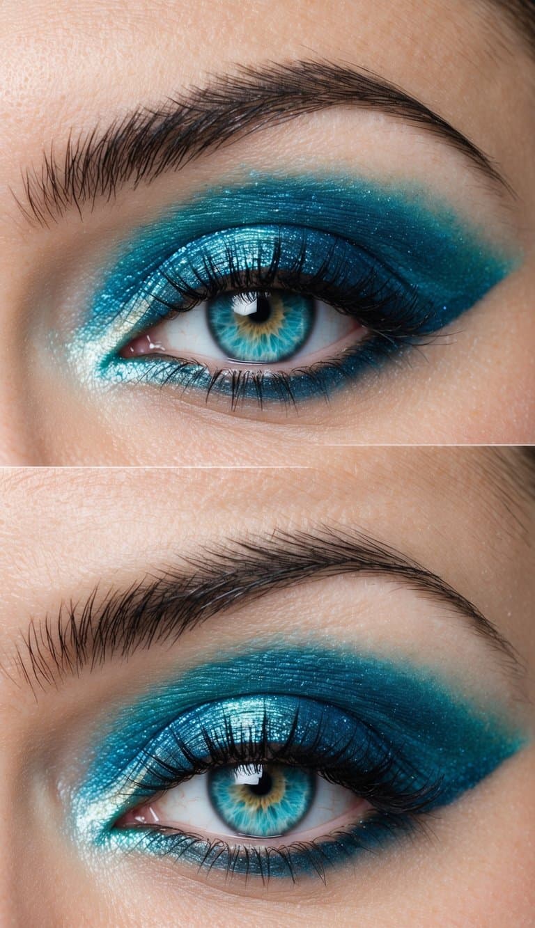 A mermaid's eye with shimmering blues and iridescent hues, reflecting the colors of the ocean