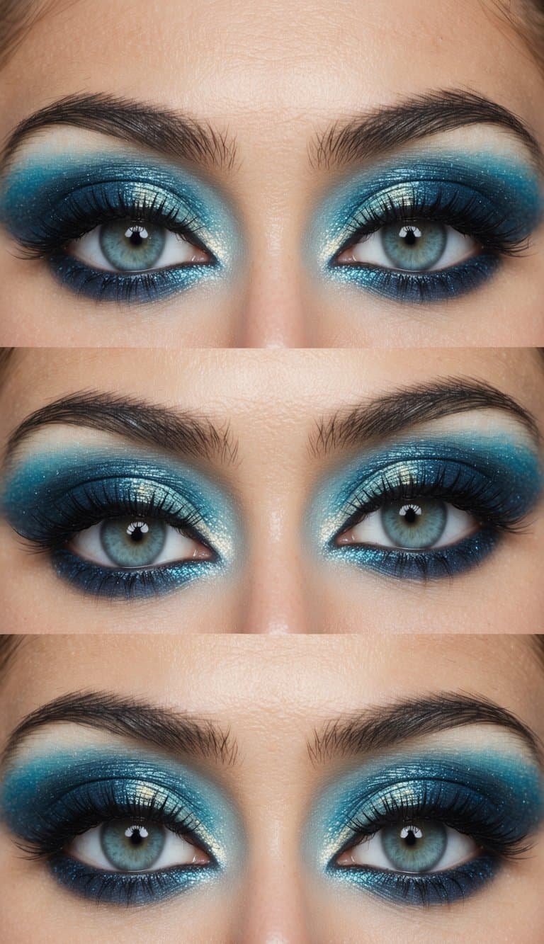 The scene features ocean-inspired eye makeup with shimmering blues and iridescent tones, reminiscent of glittering coral
