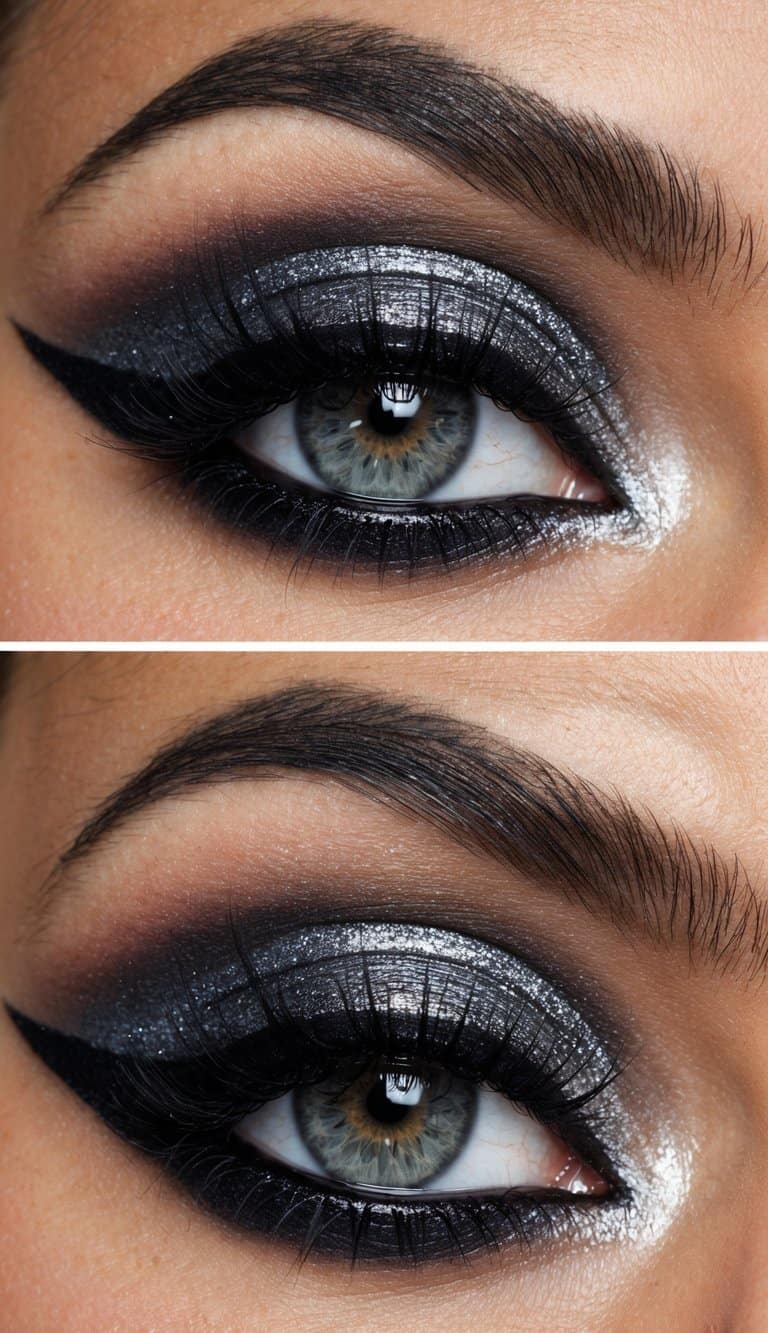 Close-up of a human eye with dramatic silver and black eyeshadow, thick black eyeliner, and long eyelashes.