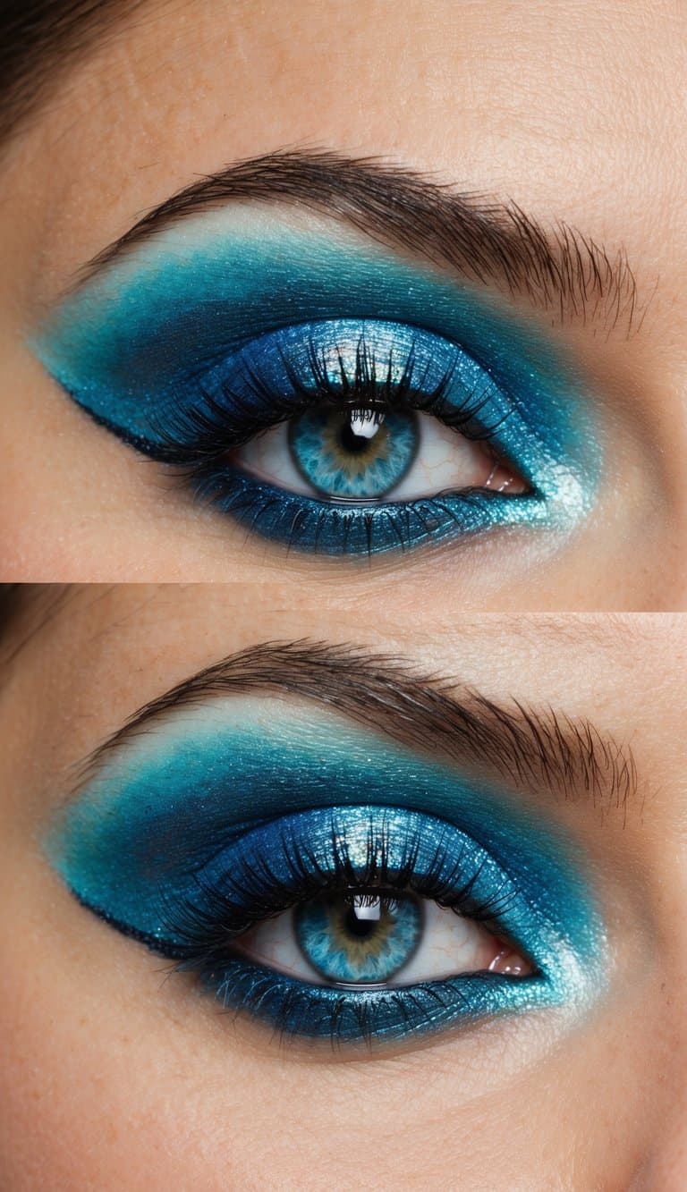 Shimmering blue and iridescent ocean-inspired eye makeup