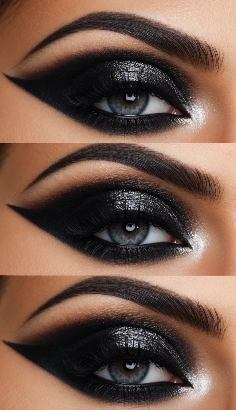 A close-up of a glamorous black smokey eye makeup look with shimmering eyeshadow and defined eyeliner, creating a luxurious and dramatic effect