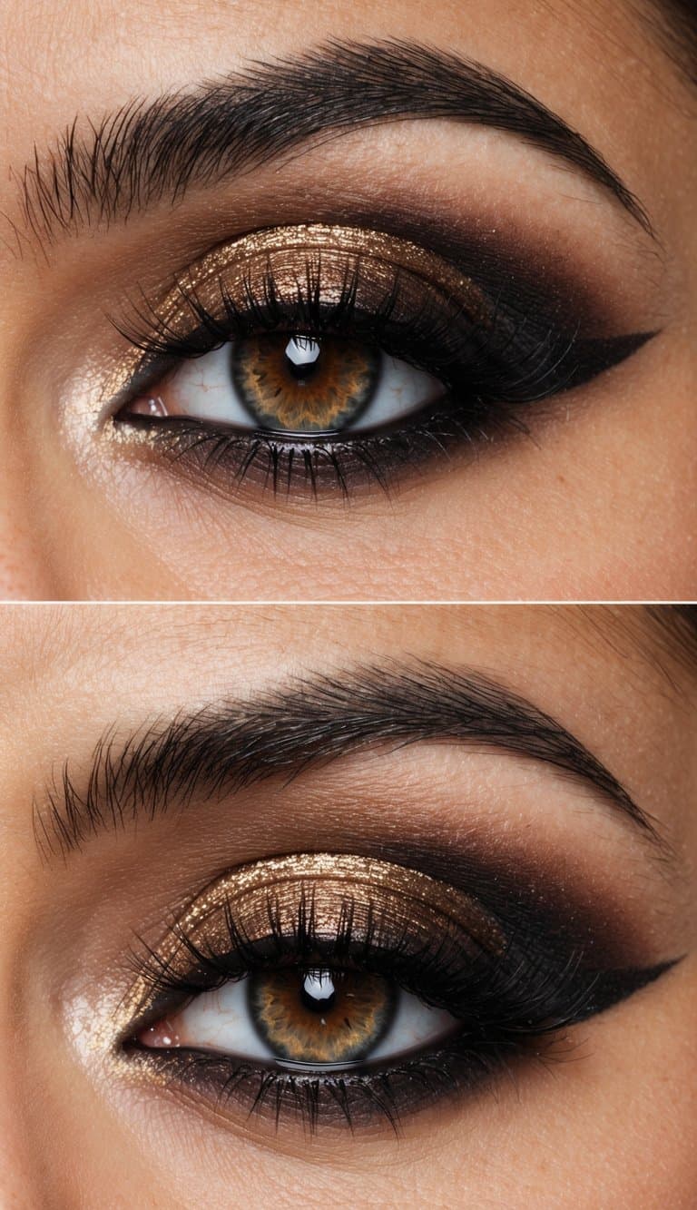 A close-up of a glamorous eye with dramatic smokey makeup, featuring bronze tones and shimmering highlights