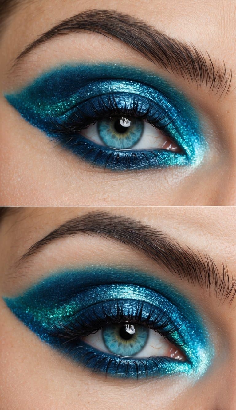 Ocean-inspired eye makeup with shimmering blues and iridescent hues, resembling the colors of a mermaid's tail swirling in the depths of the sea