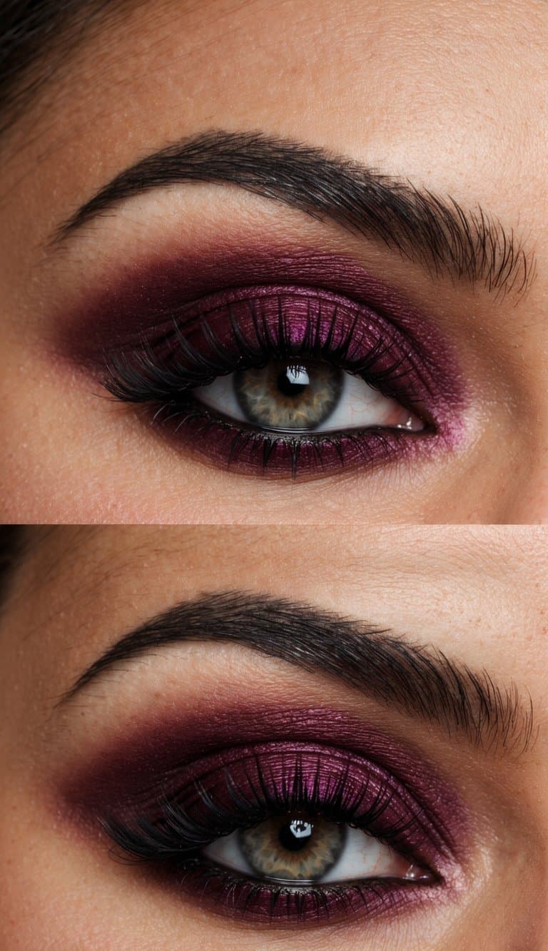 A close-up of sultry burgundy-hued smokey eye makeup with a luxurious and dramatic feel