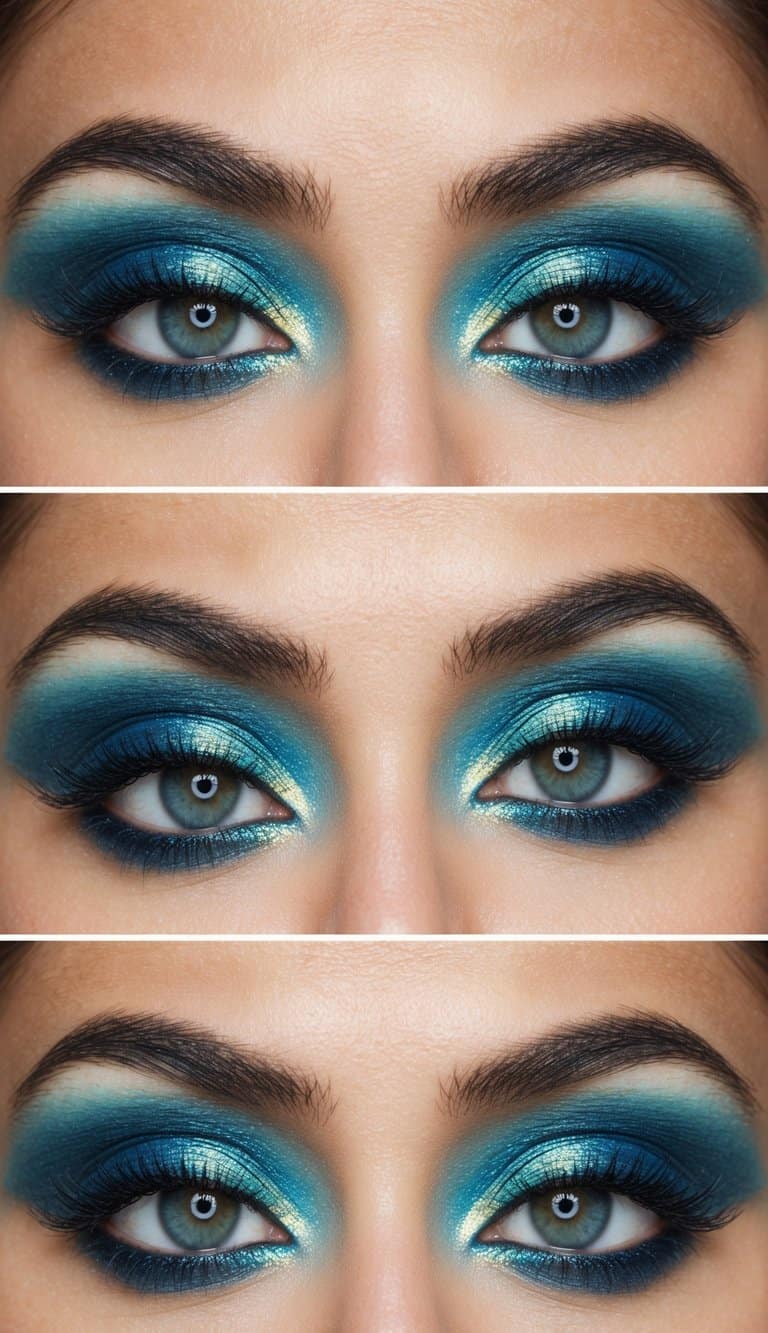 Shimmering blues and iridescent greens create an ocean-inspired eye makeup look
