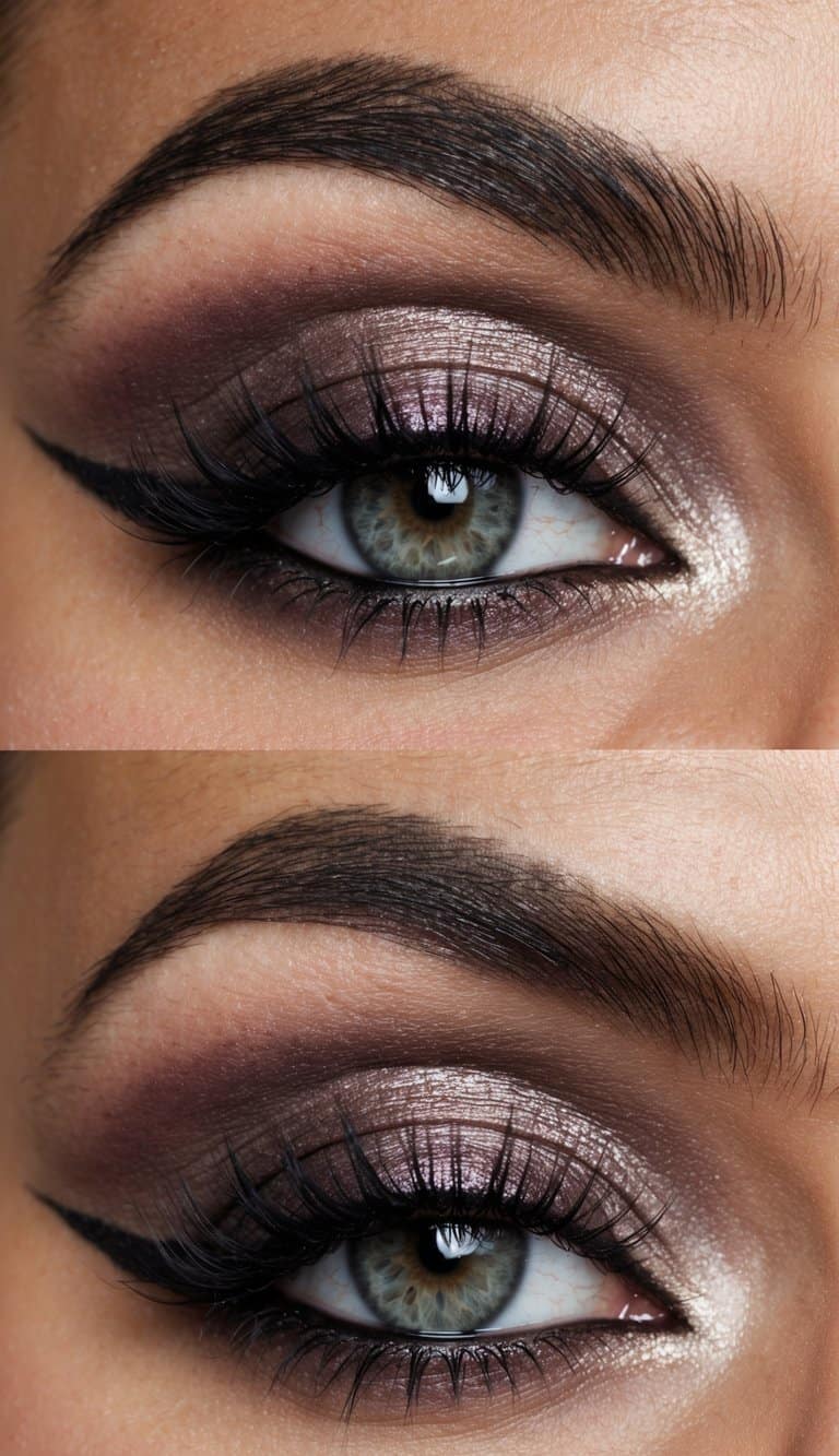 A close-up of a luxurious and dramatic smokey eye makeup look in frosted mauve, with shimmering and blended eyeshadows