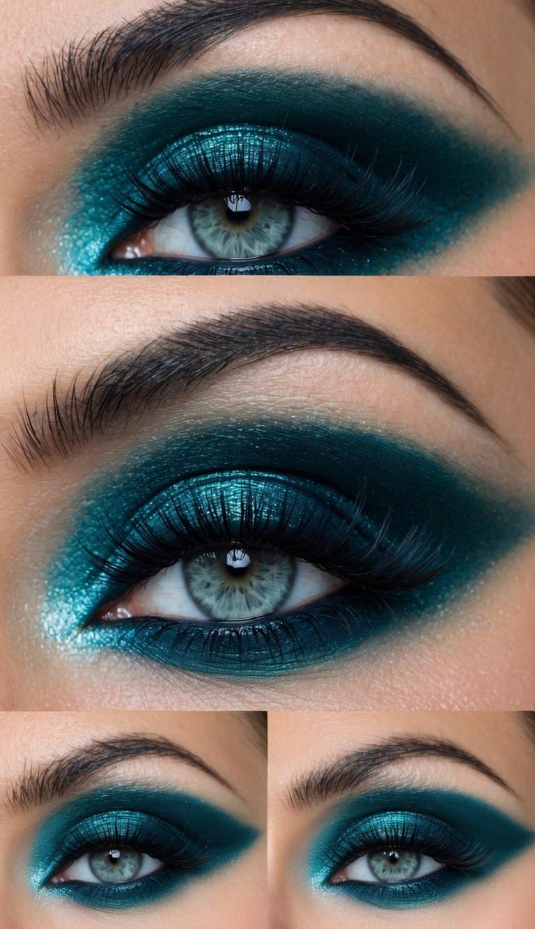A close-up of a teal-themed glam smokey eye makeup look with luxurious and dramatic details