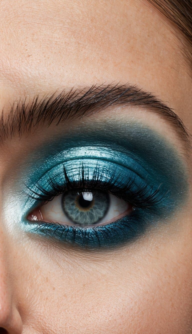A close-up of a glamorous smokey eye makeup look in aquamarine and silver tones