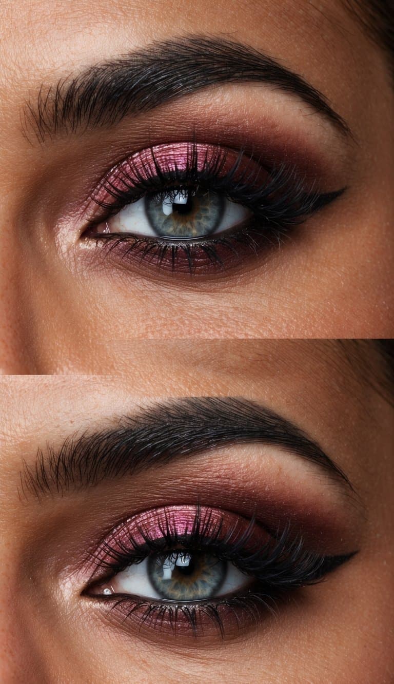 A glamorous rosewood-themed smokey eye makeup look with intense and luxurious colors