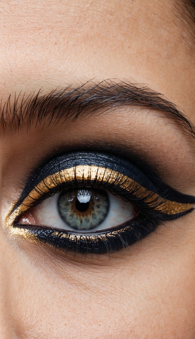 A close-up of a single eye with bold, metallic gold eyeliner, creating a sharp and eye-catching look