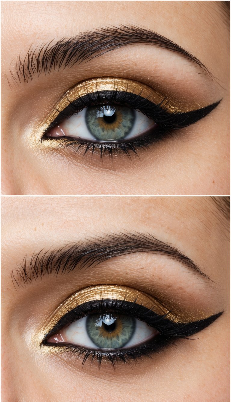 A close-up of a classic cat eye with a gold twist, sharp and eye-catching