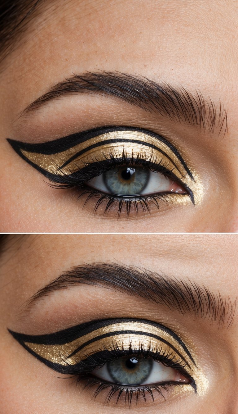A close-up of a double-winged gold liner eye makeup look with sharp graphic lines and intricate details