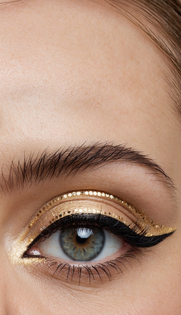 A close-up of an eye with gold dotted eyeliner, sharp graphic lines, and shimmering gold liner creating an eye-catching makeup look