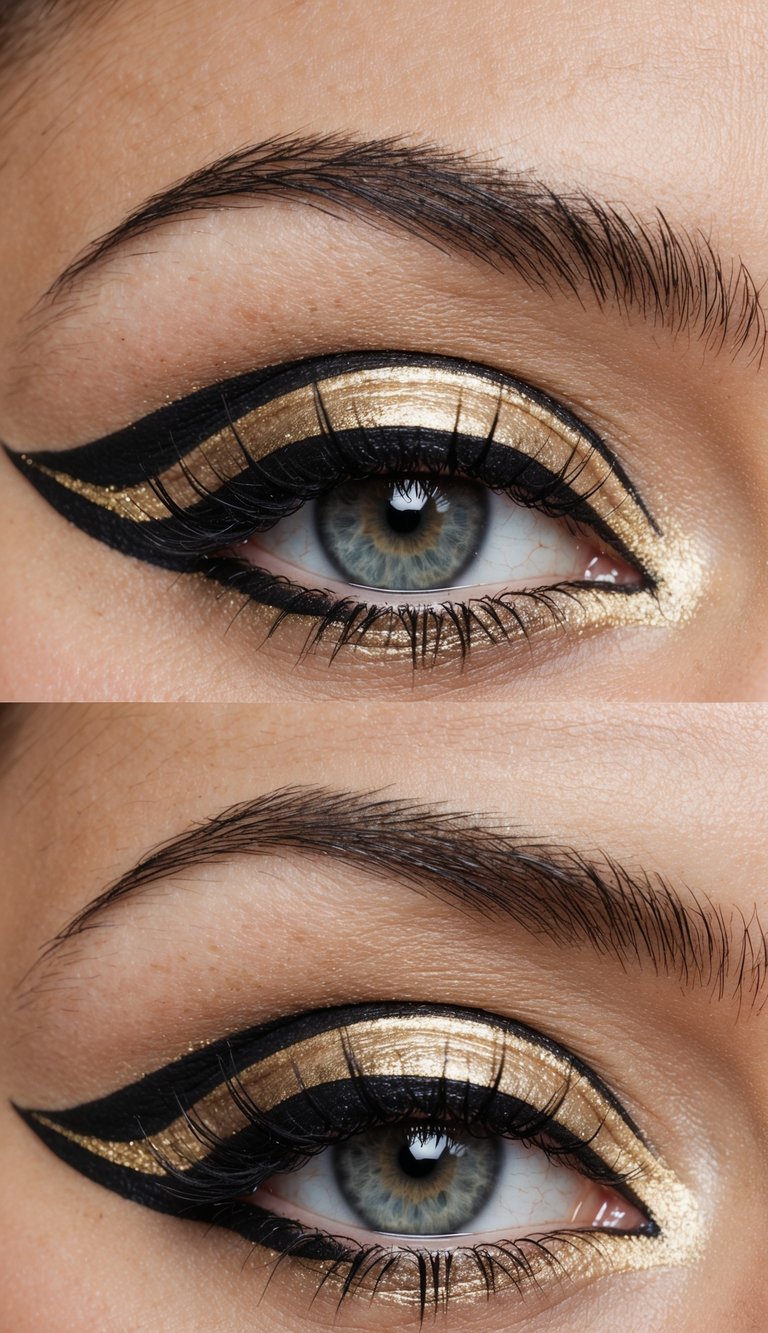 A close-up of an eye with a subtle gold underline, surrounded by sharp graphic eyeliner designs