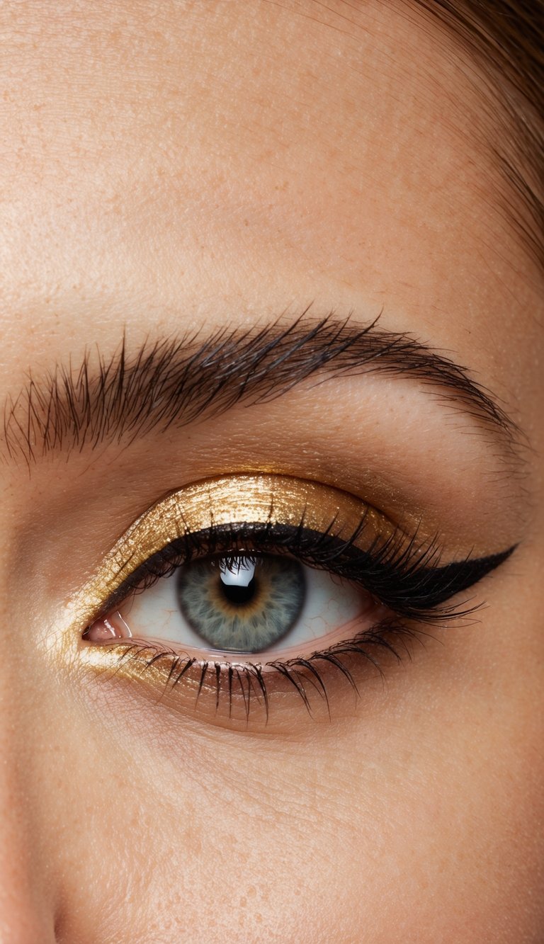 A close-up of a glamorous eye with sharp gold eyeliner, catching the light with a glossy finish