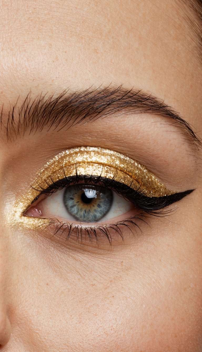 A close-up of a golden eyeliner drawing a sharp graphic line on an eyelid, with glitter accents