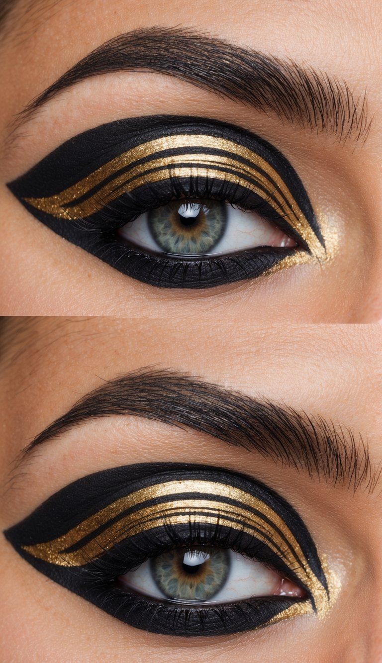 Golden lines swirl and curve across the eyelid, creating a striking and elegant eye makeup look