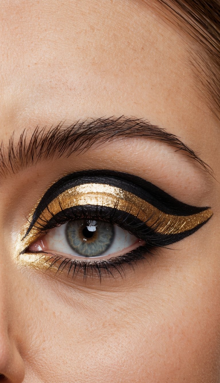 A close-up of a dramatic gold wing eyeliner look with sharp graphic lines and shimmering gold accents
