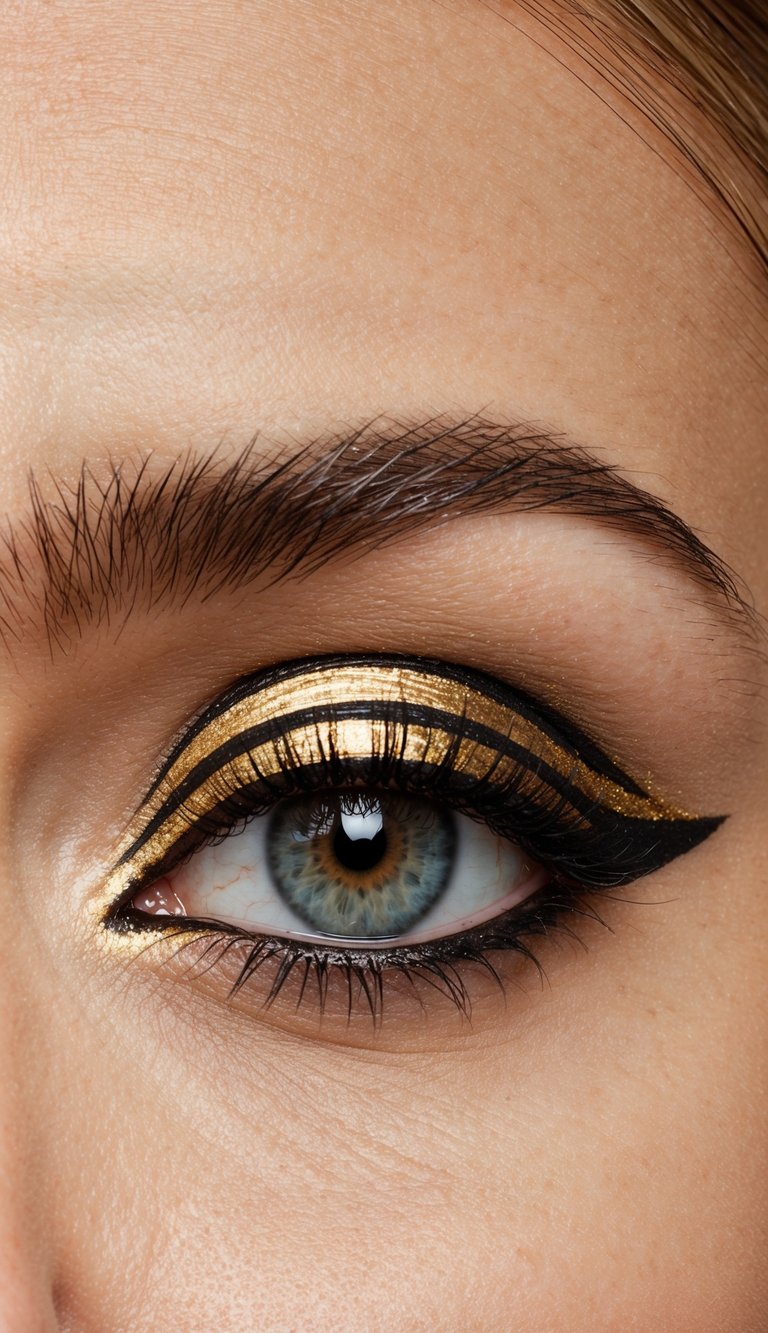 A single eye with bold gold eyeliner, sharp graphic lines