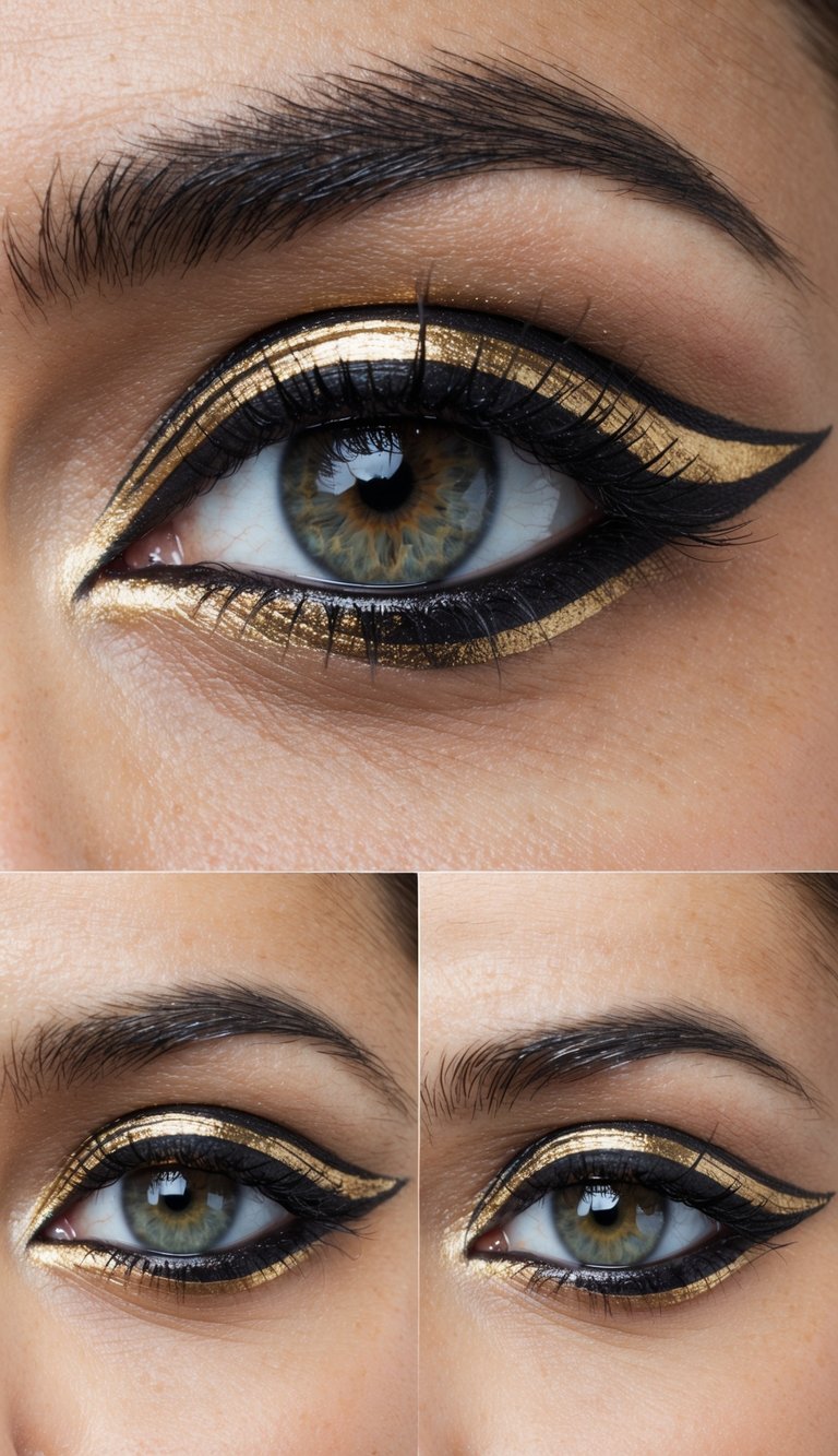 A close-up of an eye with intricate Egyptian-inspired gold eyeliner, sharp and bold against the skin